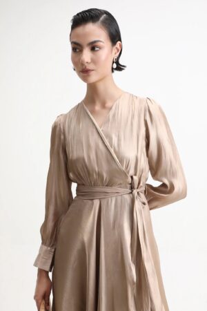 Rareism Women's Avsin Gold Polyester Wrap Neck Fit And Flare Plain Midi Dress