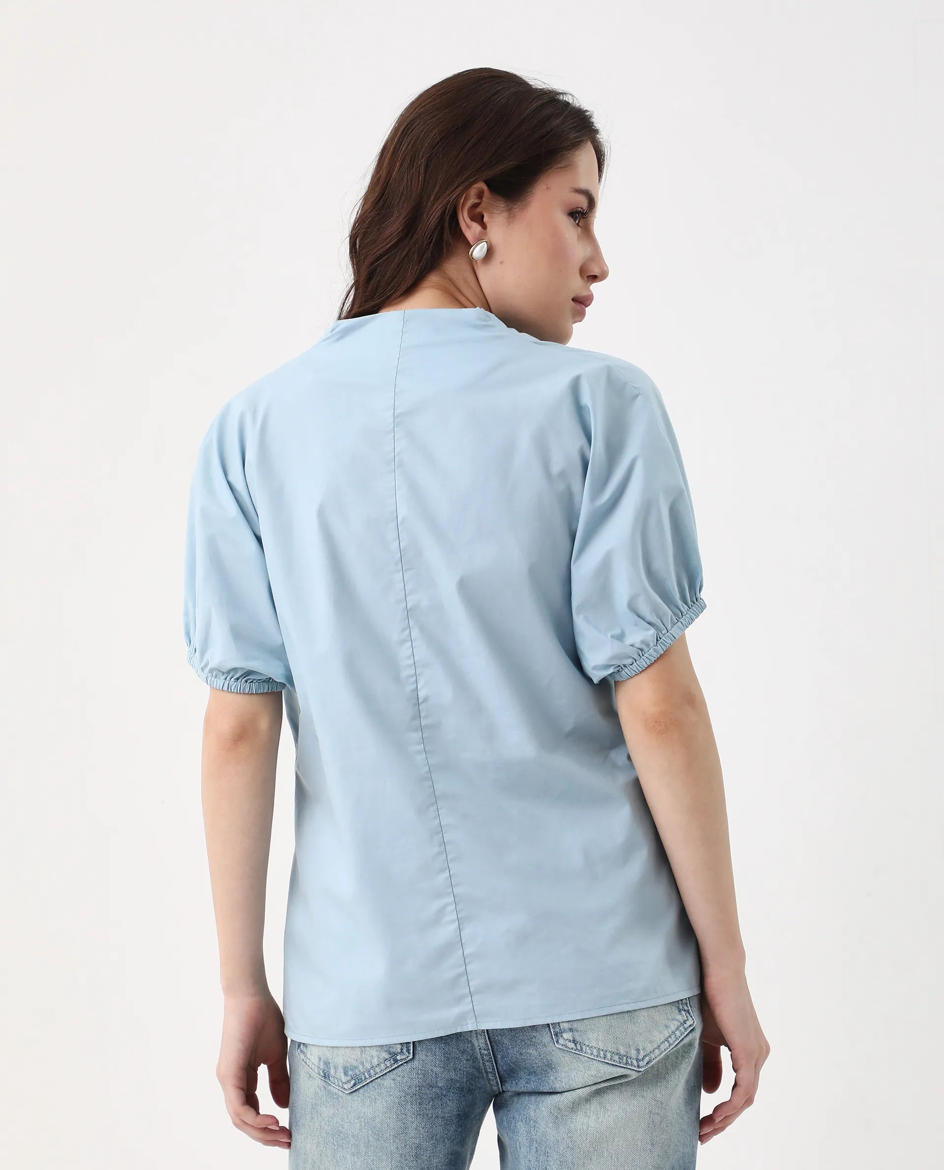 Rareism Women's Eldee Blue Cotton V-Neck Regular Fit Plain Top - Image 7