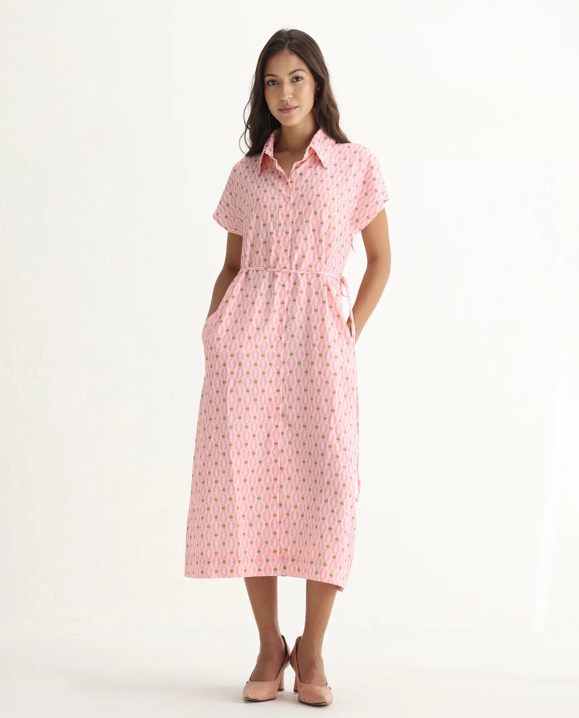 Rareism Women's Eleen Pink Cotton Collared Neck A-Line Printed Midi Dress - Image 2