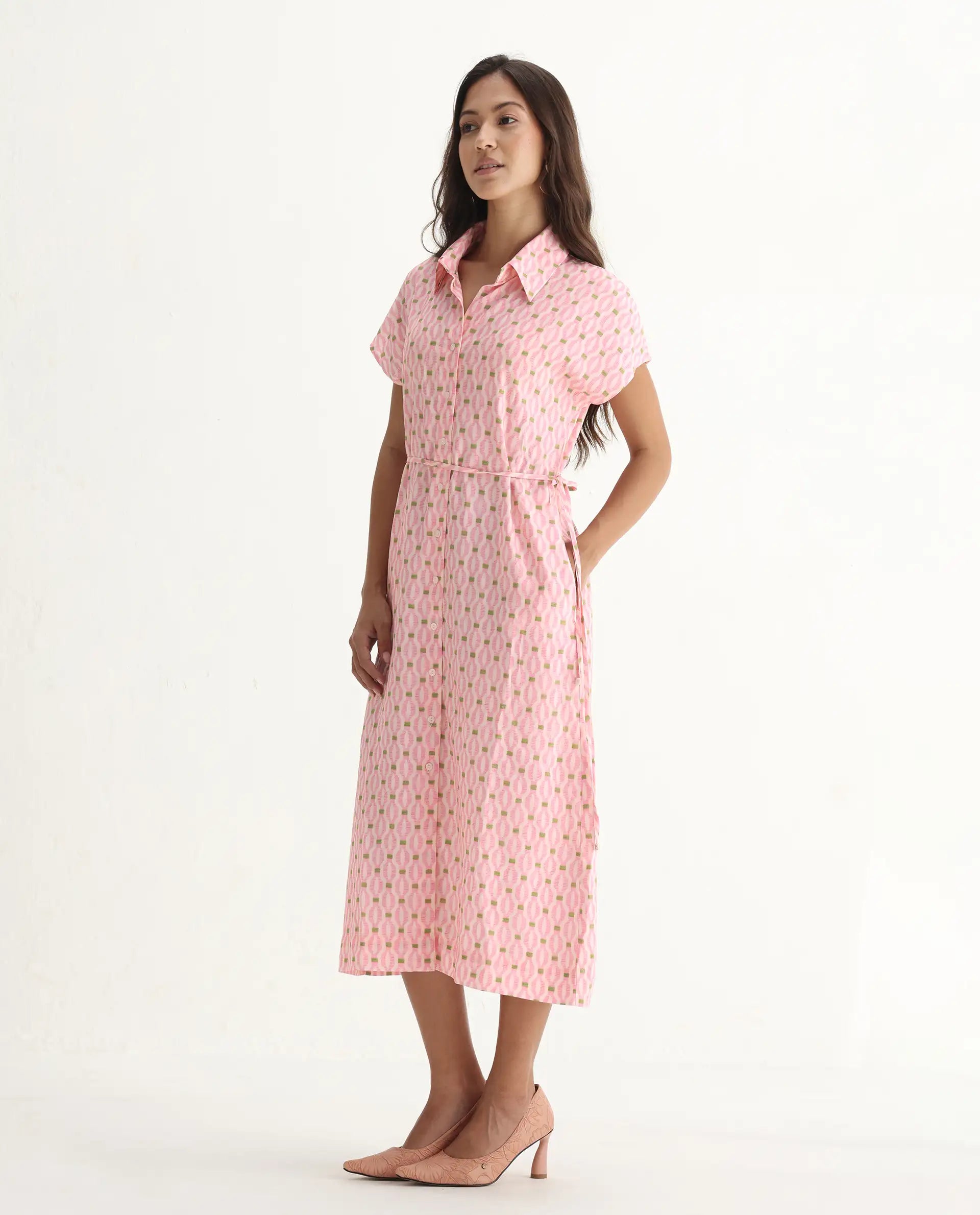 Rareism Women's Eleen Pink Cotton Collared Neck A-Line Printed Midi Dress - Image 6
