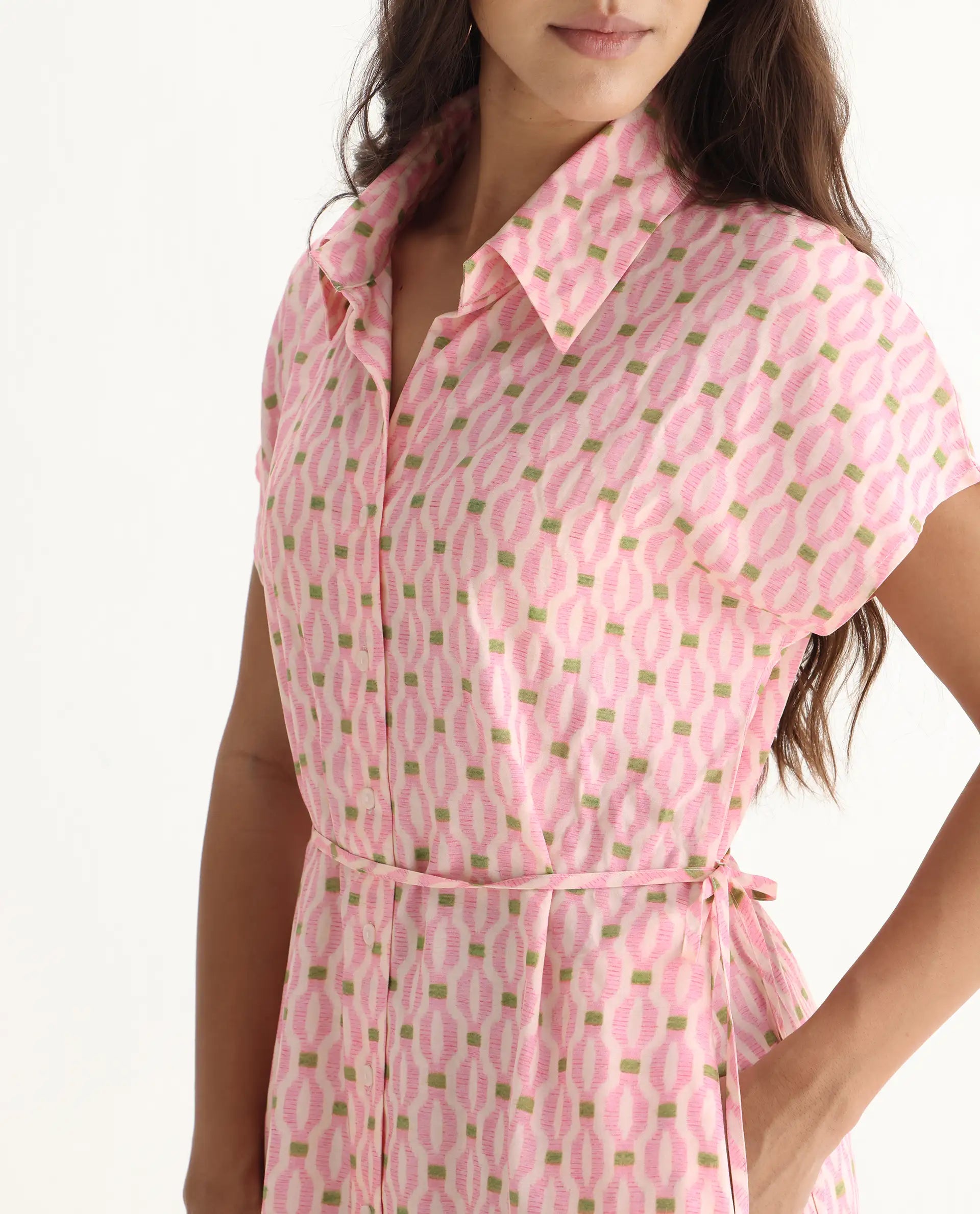 Rareism Women's Eleen Pink Cotton Collared Neck A-Line Printed Midi Dress - Image 3