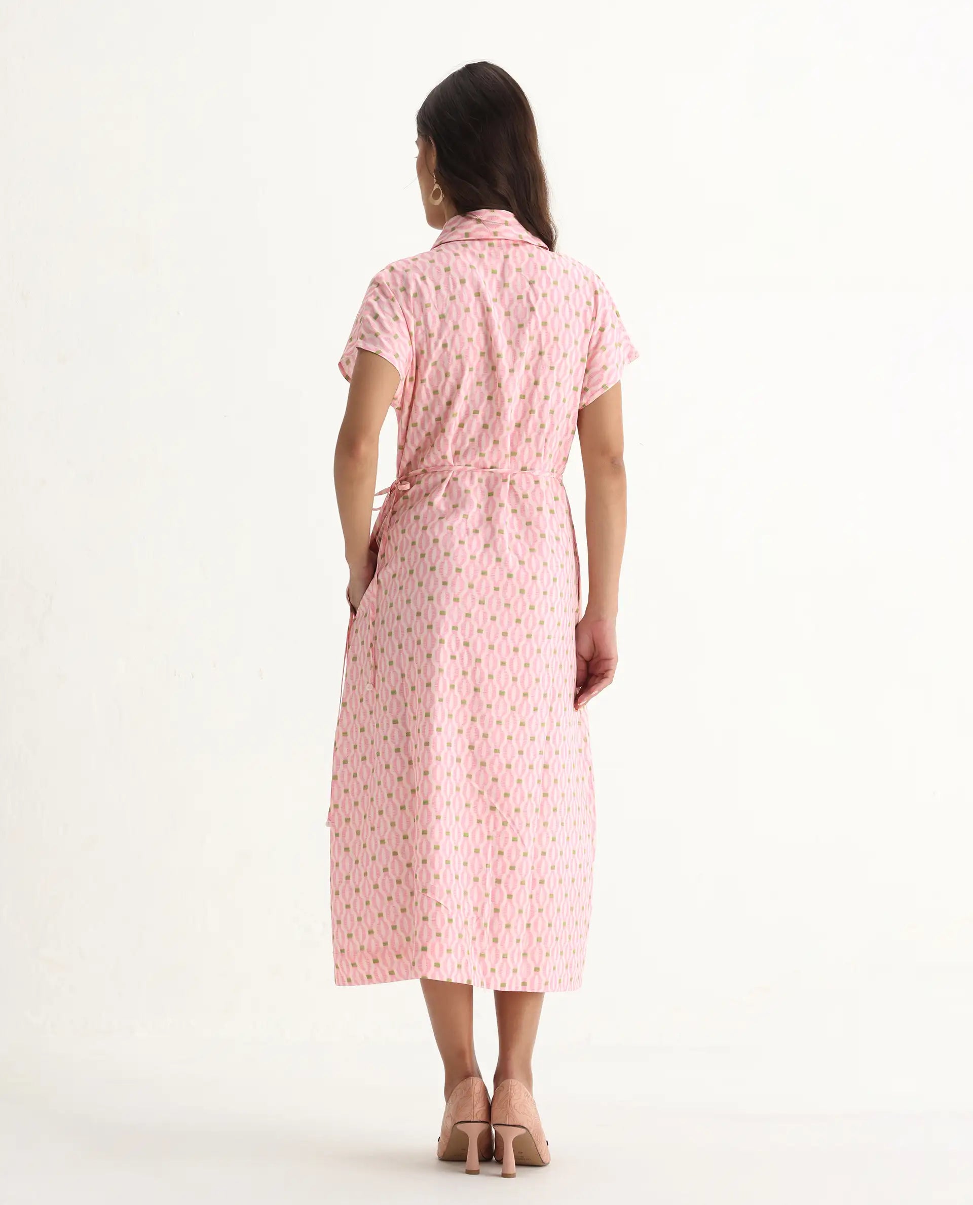 Rareism Women's Eleen Pink Cotton Collared Neck A-Line Printed Midi Dress - Image 8