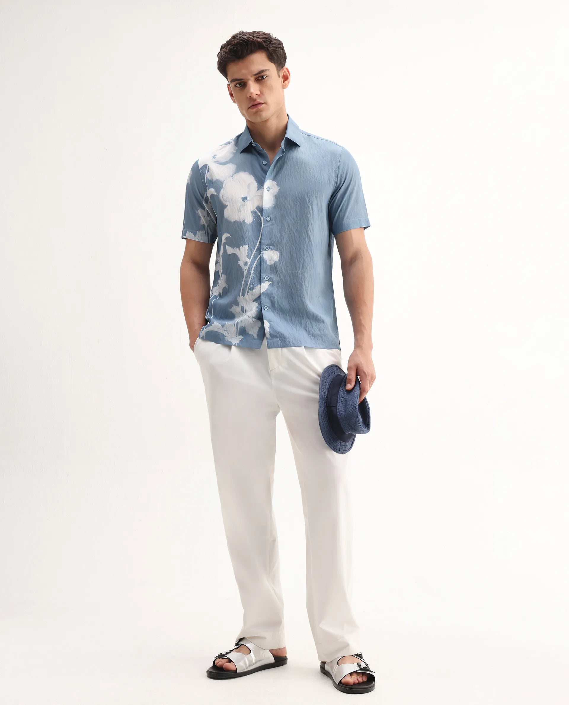 Rare Rabbit Men's Groti Light Blue Viscose Blend Floral Print Relaxed Fit Half Sleeve Collared Shirt - Image 2