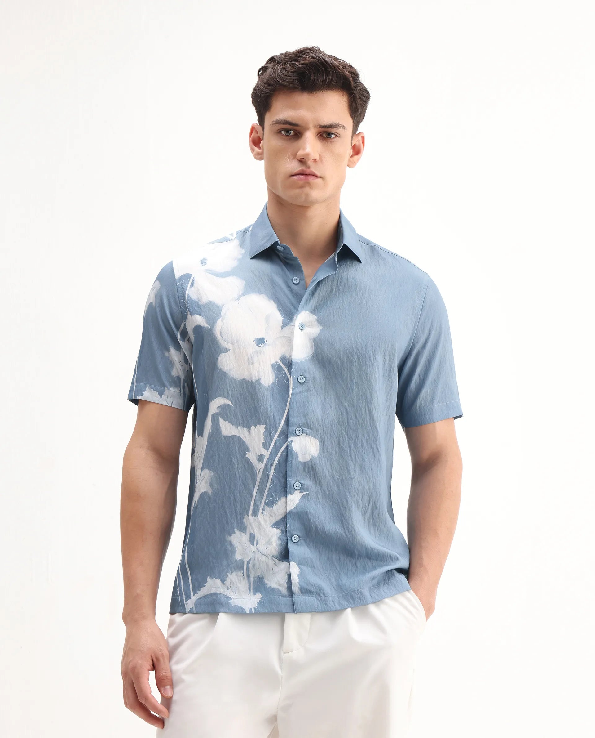 Rare Rabbit Men's Groti Light Blue Viscose Blend Floral Print Relaxed Fit Half Sleeve Collared Shirt - Image 4
