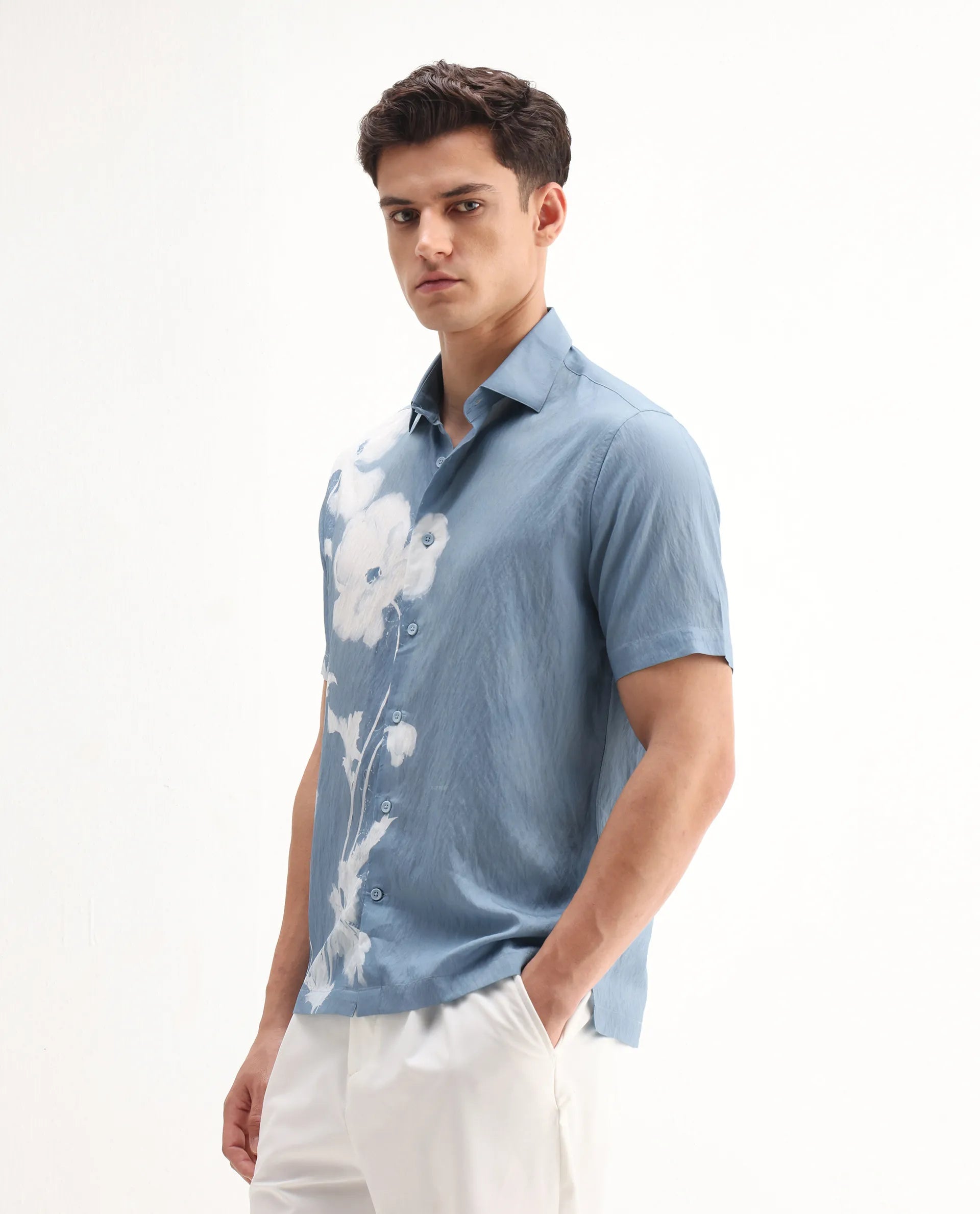 Rare Rabbit Men's Groti Light Blue Viscose Blend Floral Print Relaxed Fit Half Sleeve Collared Shirt - Image 5