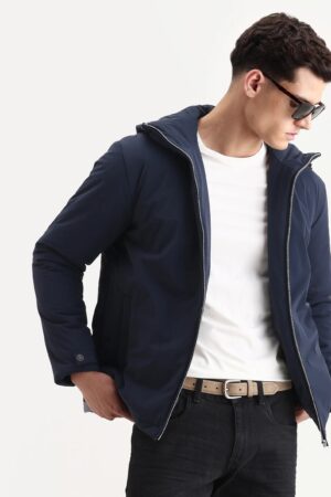 Rare Rabbit Men's Kost Navy Nylon Fabric High Neck Relaxed Fit Plain Jacket