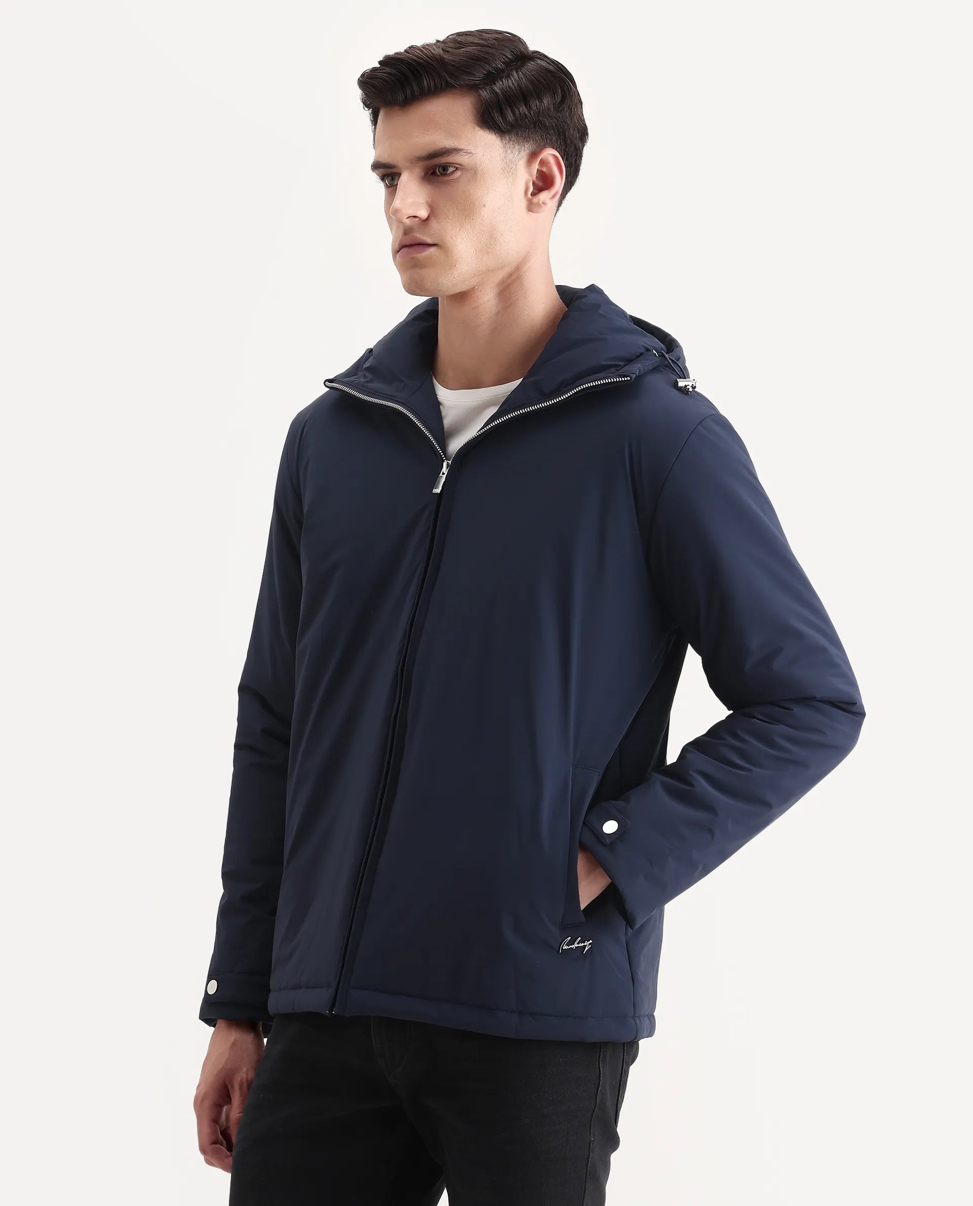Rare Rabbit Men's Kost Navy Nylon Fabric High Neck Relaxed Fit Plain Jacket - Image 5