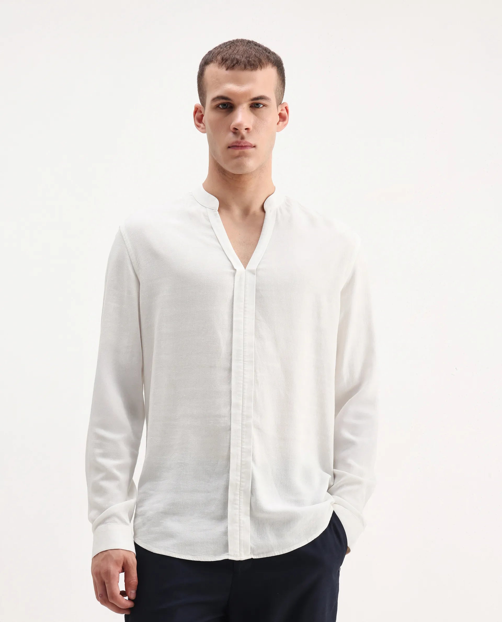 Rare Rabbit Men's Kurto 25 White Linen Blend Plain Regular Fit Full Sleeve Mandarin Collar Shirt - Image 5