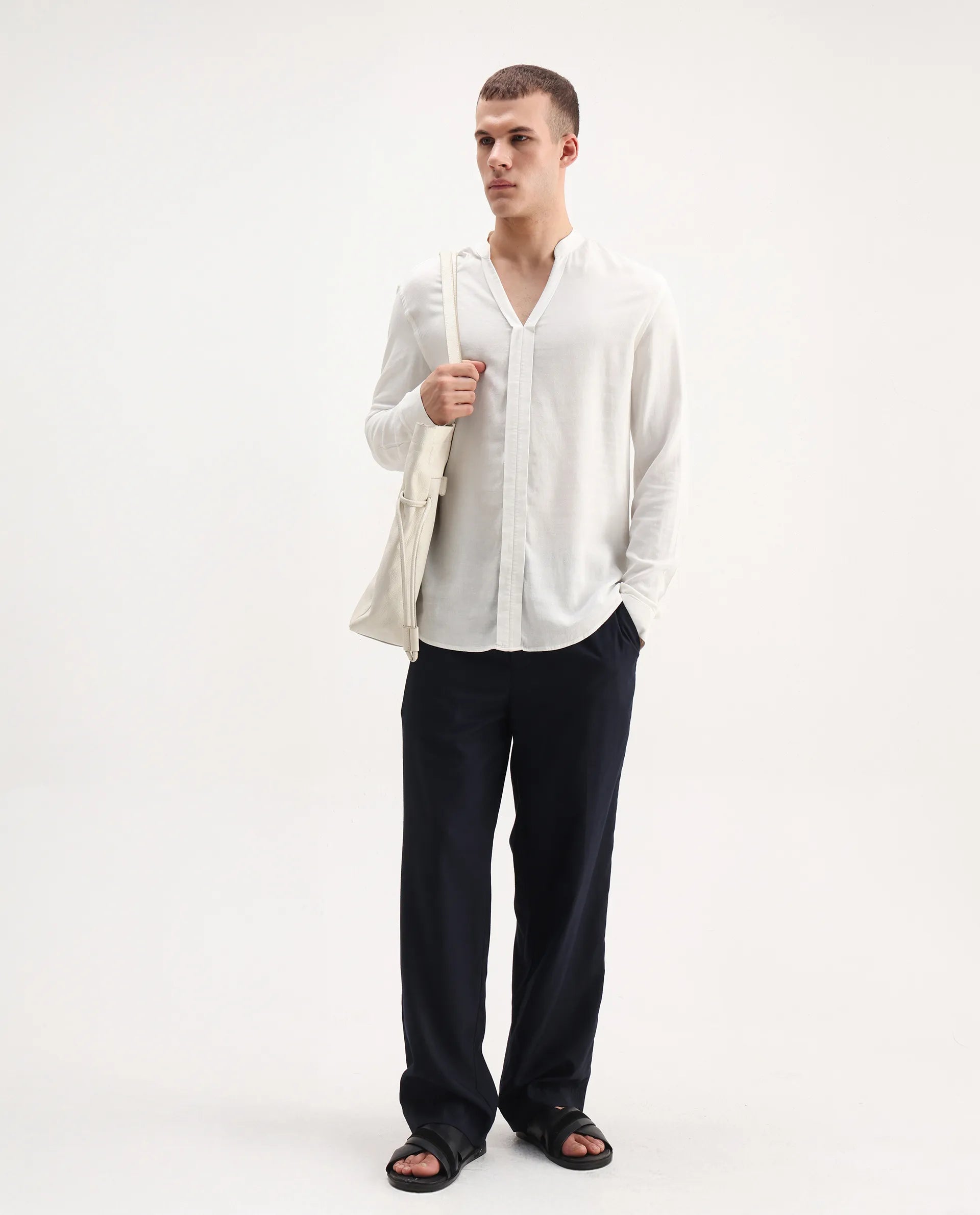 Rare Rabbit Men's Kurto 25 White Linen Blend Plain Regular Fit Full Sleeve Mandarin Collar Shirt - Image 2